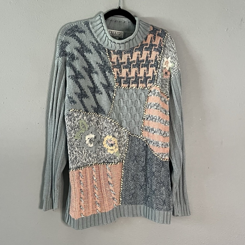 Vintage Gina Peters Patchwork Sweater Womens Large Floral Knit Boho Grandma 90's